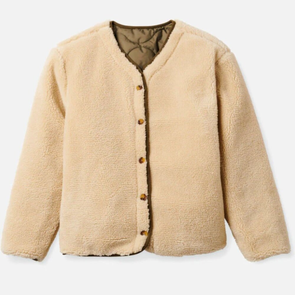 Brixton Sherpa Reversible‎ Insulated Jacket Cream Olive M Cozy Gorpcore Neutral - Picture 2 of 16